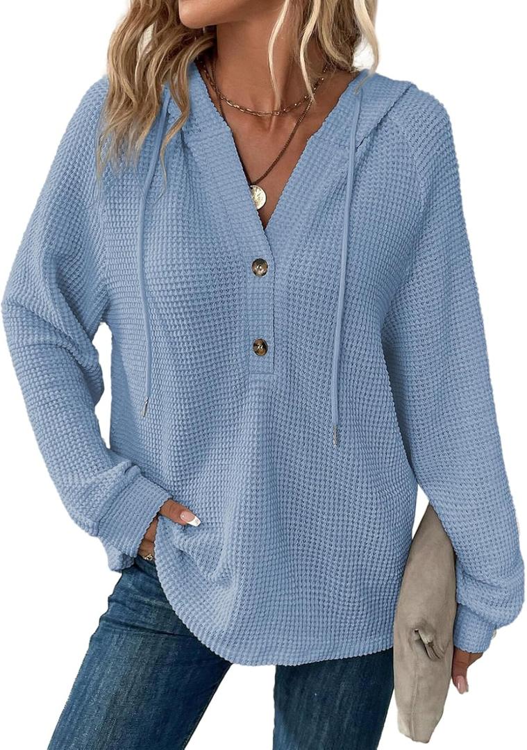 Dokotoo Hoodies for Women Waffle Knit Long Sleeve Drawstring Button V Neck Casual Pullover Sweatshirt Hooded Tops (Blue), 

X-Large
