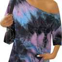 SOFIA'S CHOICE Women's Off Shoulder Crop Top Loose Fit Boat Neck Short Sleeve T-Shirt Purple Tie Dye Medium