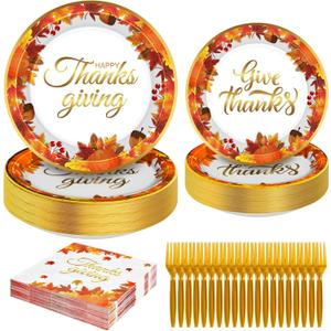 96 PCS Thanksgiving Plates Set, 9" and 7" Paper Thanksgiving Plates and Napkins, Disposable Gold Foil Autumn Party Supplies, Fall Thanks Giving Dinnerware Set for Harvest Party Decorations Serves 24