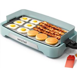 Cleansnap Everyday Electric Griddle,The Ultimate Gift for Family Feasts - 20 Nonstick Grill with Foldable Anti-Mess Shield, Rapid 1700W Heat & PPG Ceramic Coating, Dishwasher Safe, Saga Blue (20 x 12")