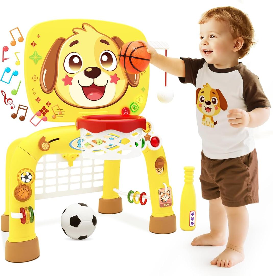 Toys for 1 Year Old Boy - Toddler Basketball Hoop & Soccer Goal & Baseball Activity Center with Light Sound Music, Puppy Montessori Sports Toy, Christmas Birthday Gift for Baby 12-18 Months, Yellow