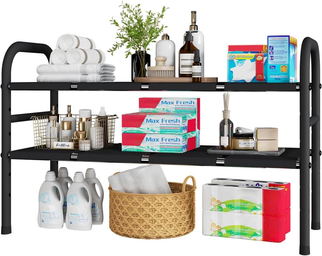 Expandable Under Sink Organizers, 2-Tier Kitchen Bathroom Cabinet Storage Counter Shelf, Shoe Storage Rack with 8 Removable Plastic Boards for Kitchen, Bathroom, Pantry, Entryway, Closet
