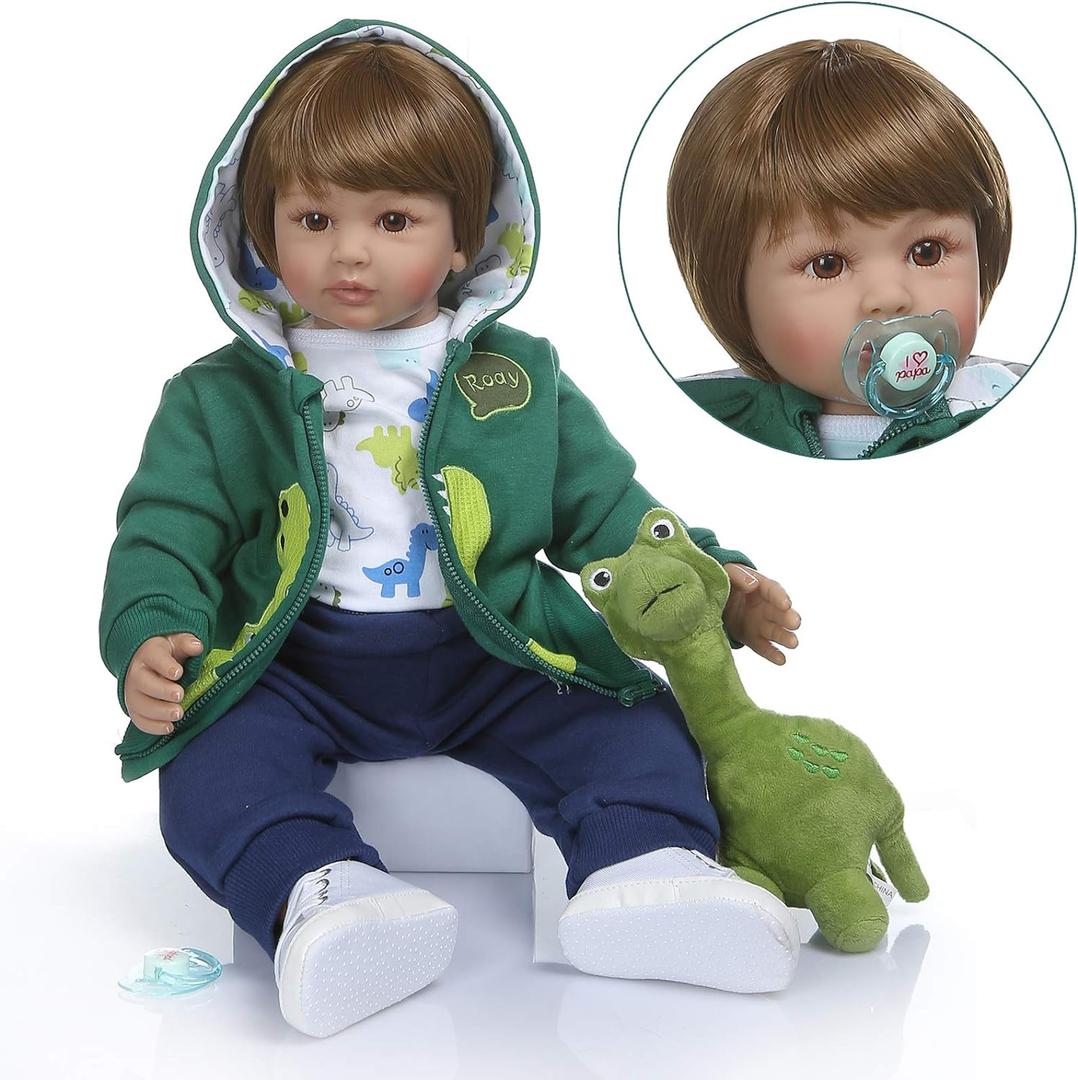 iCradle Realistic Look 24inch 60cm Reborn Toddler Soft Silicone Vinyl Bebe Doll Reborn Doll Toy for Ages 3+ (Green Outfit With Plush Toy)