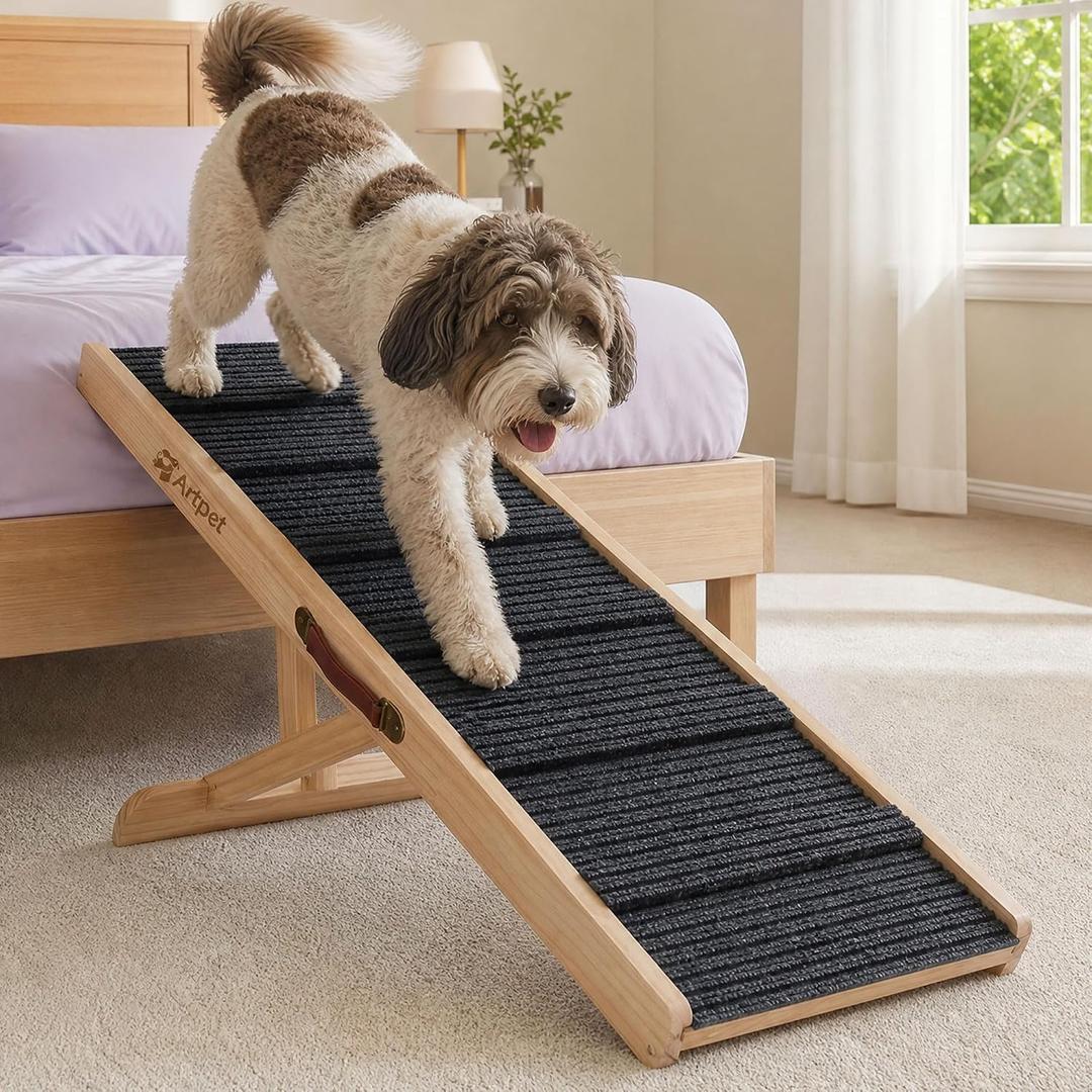 Dog Ramp for Bed, Adjustable Pine Wood Ramp for Small & Medium Dogs