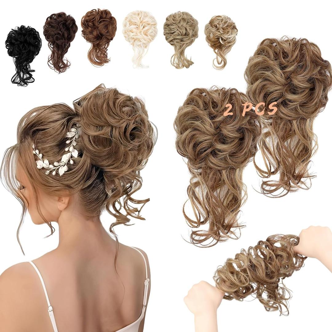 2PCS Messy Bun Hair Piece Tousled Updo with Tendrils Wavy Curly Hair Bun Scrunchies Ponytail Extension Elastic Band Hairpieces For Women (Light Brown mix Ash Blonde)