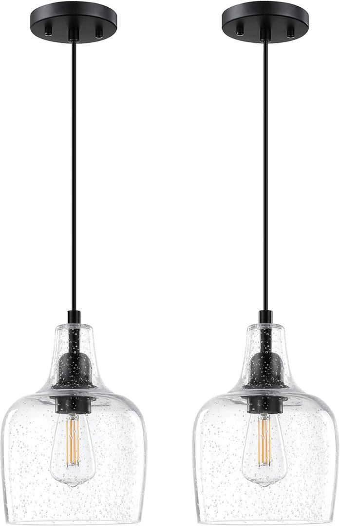 2 Pack 1 Light Hanging Indoor Kitchen Island Pendant Light 6.1" Clear Seeded Glass Pendant Light Fixtures Black Finish Modern Farmhouse Dinning Over Sink