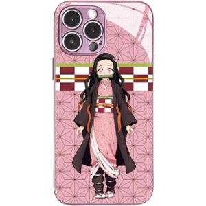 Anime Phone Case for iPhone 16 Pro Max, Manga Role Pattern Tempered Glass Cover Slim Fit Shockproof Protective Shell (Pink, Nezuko)