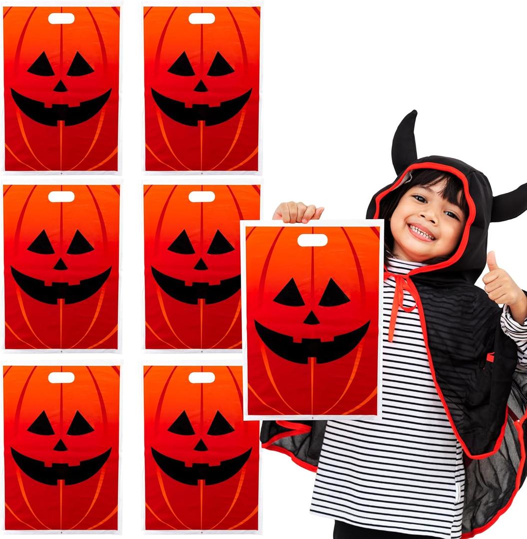 Super Z Outlet 50 Piece 11" x 17" Jack-O-Lantern Trick or Treat Bags Orange Pumpkin Face Halloween Plastic Candy Bags for Party Favors, Snacks, Decoration