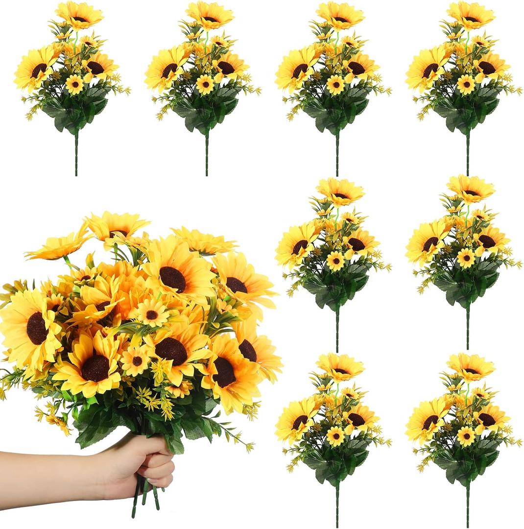 8 Packs Artificial Sunflowers with Stems Silk Fake Sunflowers Bouquet Bulk Yellow Wedding Faux Flower Bunches for Wedding Party Decoration Vase Home (Fresh Style)