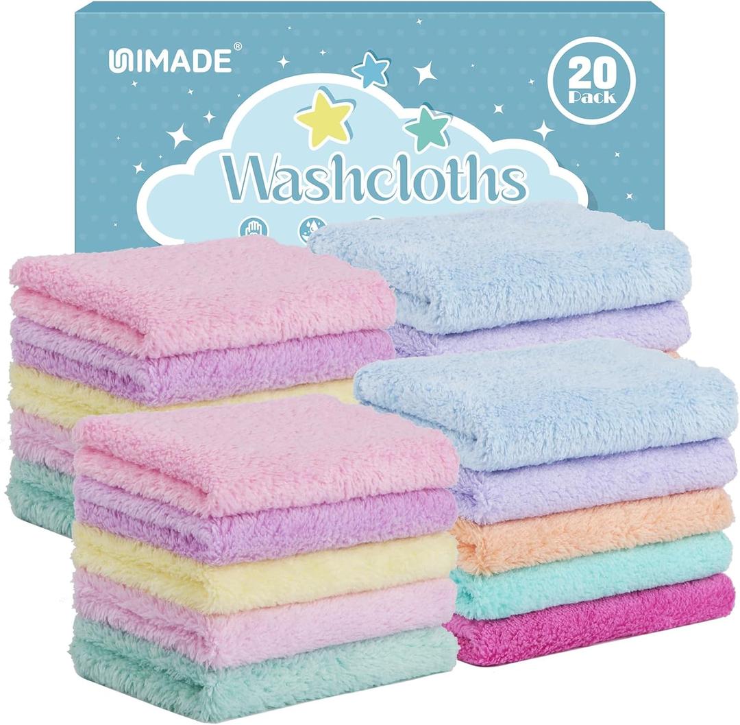 UNIMADE Baby Washcloths, 20 Pack Super Soft Microfiber Coral Fleece Wash Cloths, Extra Absorbent Baby Towels for Newborns, Infants and Toddlers, Gentle on Sensitive Skin for Face and Body - 7" 9"