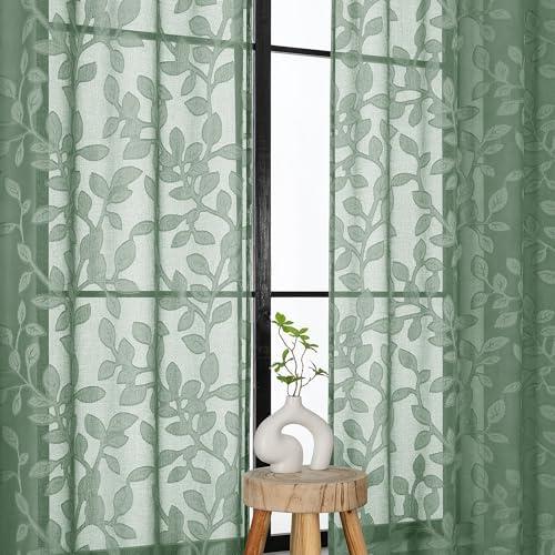 OVZME Sage Green Sheer Curtains 84 inches Long 2 Panels for Living Room, Jacquard Clip Leaf Pattern Textured Light Filtering Window Semi Sheer Voile Drapes for Bedroom, Each Panel 42 x 84 Inch