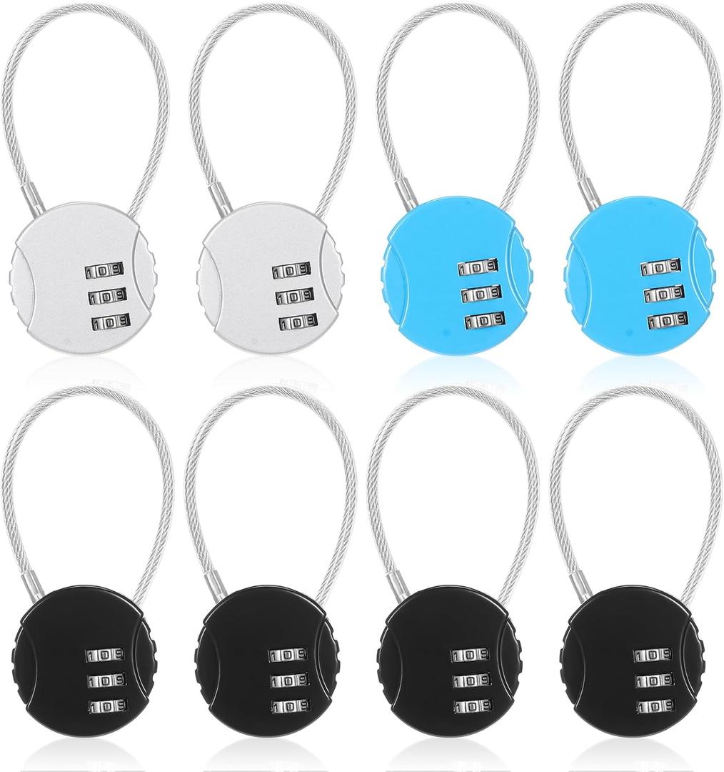 Moxweyeni 8 Pack Combination Wire Lock 3 Digit Small Combo Luggage Number Cable Padlock Outdoor Waterproof Resettable Lock for School Gym Locker Travel Backpack Suitcase Storage (Black, Silver, Blue)