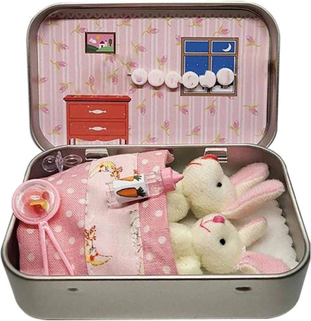 Little Pocket Bunny,Pocket Bunny Tin Easter Basket Box Mini House Pink
