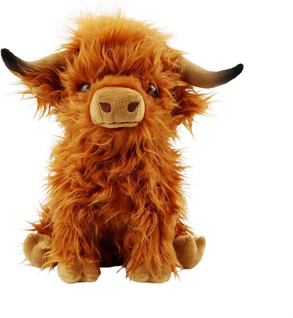 Highland Cow Stuffed Animal,10.5 inches Realistic Cow Plush Toy,Animal Cattle Plush Farm Toy,Farm Plushie Christmas Birthday Present for Boys Girls Kids Grandchildren (Brown)