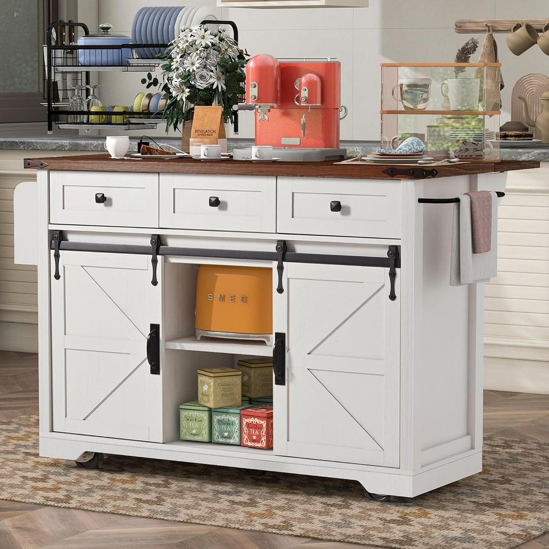 Kitchen Island Cart With Power Outlet, 2 Sliding Barn Doors, 3 Adjustable Shelves, Storage W/Drop Leaf, Spice Rack, Rolling Cart on Wheels for Dining Room, White, 53.7"