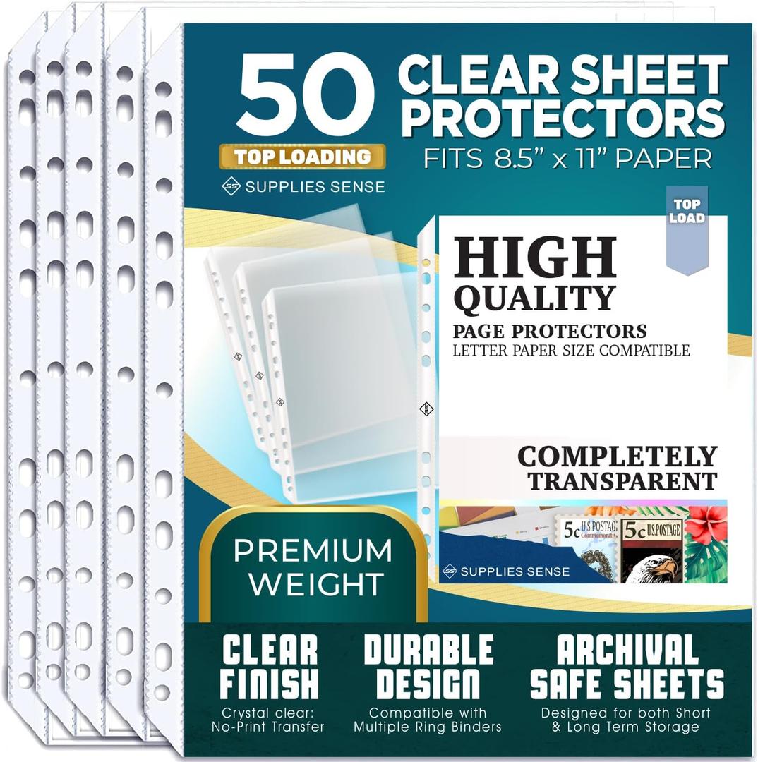 Sheet Protectors for 3 Ring Binder, 50 Pack Premium Clear Page Protector 8.5 x 11 inch, Plastic Sleeves for Binders, Top Loading Paper Sheets Document Sleeve Letter Size, Photo, Office, Home