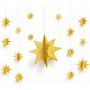 4 Pcs Gold 3D Glitter Star Garland Twinkle Bunting Gold Stars Paper Banner Hanging Banner for Birthday Wedding Bridal Baby Shower Holiday Valentines Day Ramadan Eid Mubarak Party Supplies