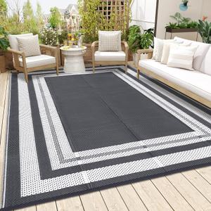 GlowSol Outdoor Rug 9x18 Waterproof Outdoor Plastic Straw Rug, Lightweight Portable Outside Solid Carpets Reversible Plastic Straw Patio Rug for RV Camping Picnic Beach Backyard Deck, Grey