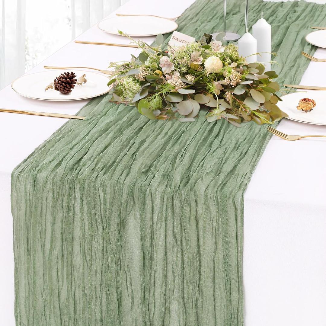 Sage Green Cheesecloth Table Runner 10FT Rustic Sheer Gauze Table Runners 120 Inch Boho Cheese Cloth Table Decorations for Wedding Bridal Spring Baby Shower Home Decor (10ft x 1pc)