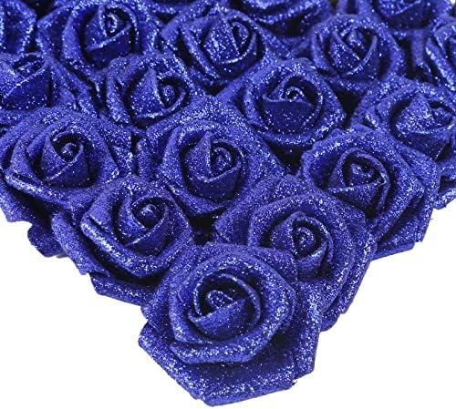 IPOPU Foam Roses, 25pcs Royal Blue Roses Glitter Flowers Artificial Rose with Stem for DIY Wedding Bridal Bouquet Home Party Decoration(Royal Blue)