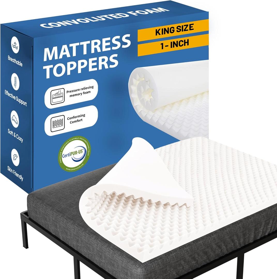 Greaton, 1-Inch Convoluted High Density Foam Mattress Topper, CertiPUR-US Certified for Superior Comfort and Support, King, White