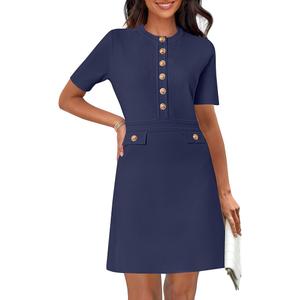MEROKEETY Women's Knit Bodycon Sweater Dress Button Short Sleeve Crew Neck Elegant Formal Mini Dress (Large, Black)