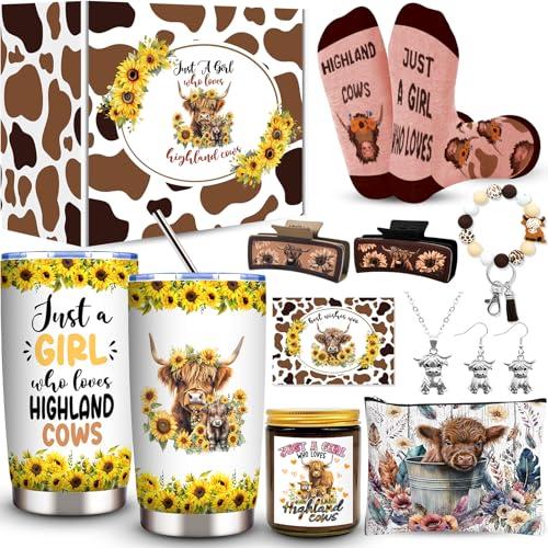 Highland Cow Gifts Set for Women, Highland Cow Themed Stuff Set with 20 Oz Tumbler Makeup Bag Candle Socks Hair Claw Clips Keychain Earrings Necklace for Highland Cow Lover Birthday Christmas Gifts