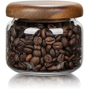 piconesper 1 PC Small Glass Storage Jars with Airtight Lids, 10 fl oz (300ml) coffee container with Wooden Lid, Glass Pantry Canister for Beans, Rice, Sugar and etc
