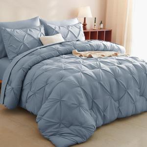 CozyLux Queen Comforter Set Grayish Blue, 7 Pieces Pintuck Bed in A Bag, Premium Blue Comforter Queen Size, Pinch Pleat Bedding Sets with Comforter, Sheets, Pillowcases & Shams