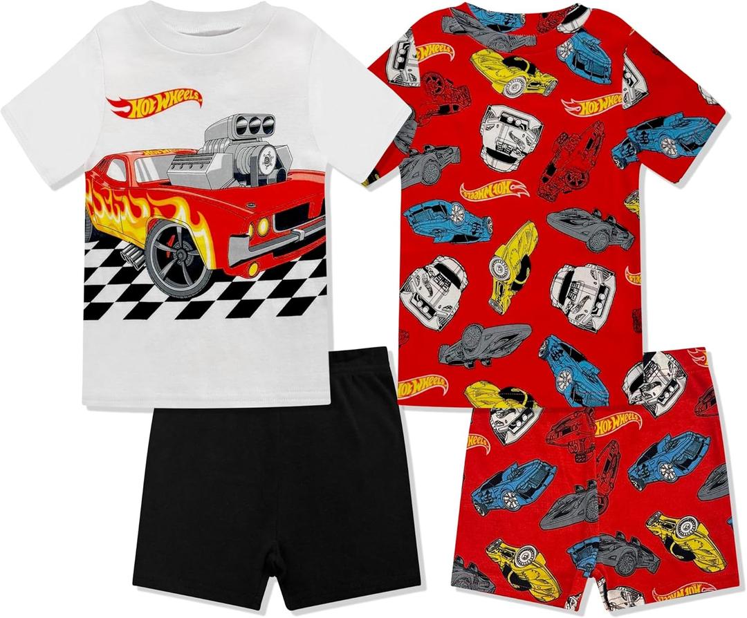 Hot Wheels Boys Pajama Set - 4 Piece Short Sleeve & Shorts Pajama Set - 100% Cotton Pjs, Snug-Fit Kids Summer Pajamas (6, Red White)
