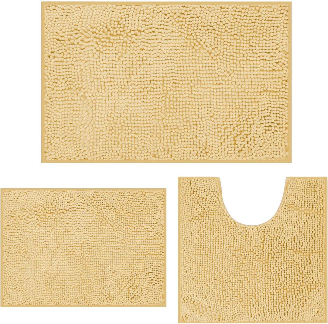 Bathroom Rug Mat Set 3 Piece, Chenille Bath Mat Set, Non-Slip Ultra Soft Carpet Mats, Absorbent with U-Shaped Toilet for Bathroom, Tub, Shower, Cream (16" x 24" & 20" x 32"& 20" x 20" U shape)