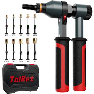 TOLRET Rivet Nut Tool Rivet Nut Kit, Rivnut Tool Kit with 10 Metric and SAE Mandrels, 100 Pcs Rivet Nuts Assortment Kit, Professional Ratchet Nutsert Tool Kit with Rugged Carrying Case, TR21