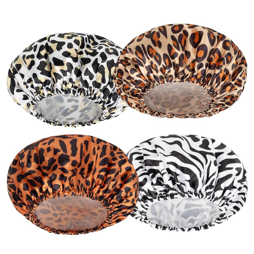 AmazerBath Shower Cap, 4 PCS Shower Caps for Women Reusable Waterproof, Double Layers Hair Cap for Shower, Elastic and Flexi Bath Caps, Environmental Protection Bathing Caps (Medium, New Leopard Print)