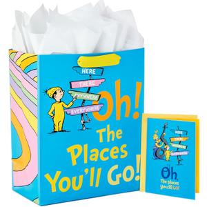 Hallmark 13" Large Dr. Seuss Graduation Gift Bag with Tissue Paper and Graduation Card (Oh, the Places You'll Go!) for High School, Kindergarten, College, Nursing School Grads (Blue)