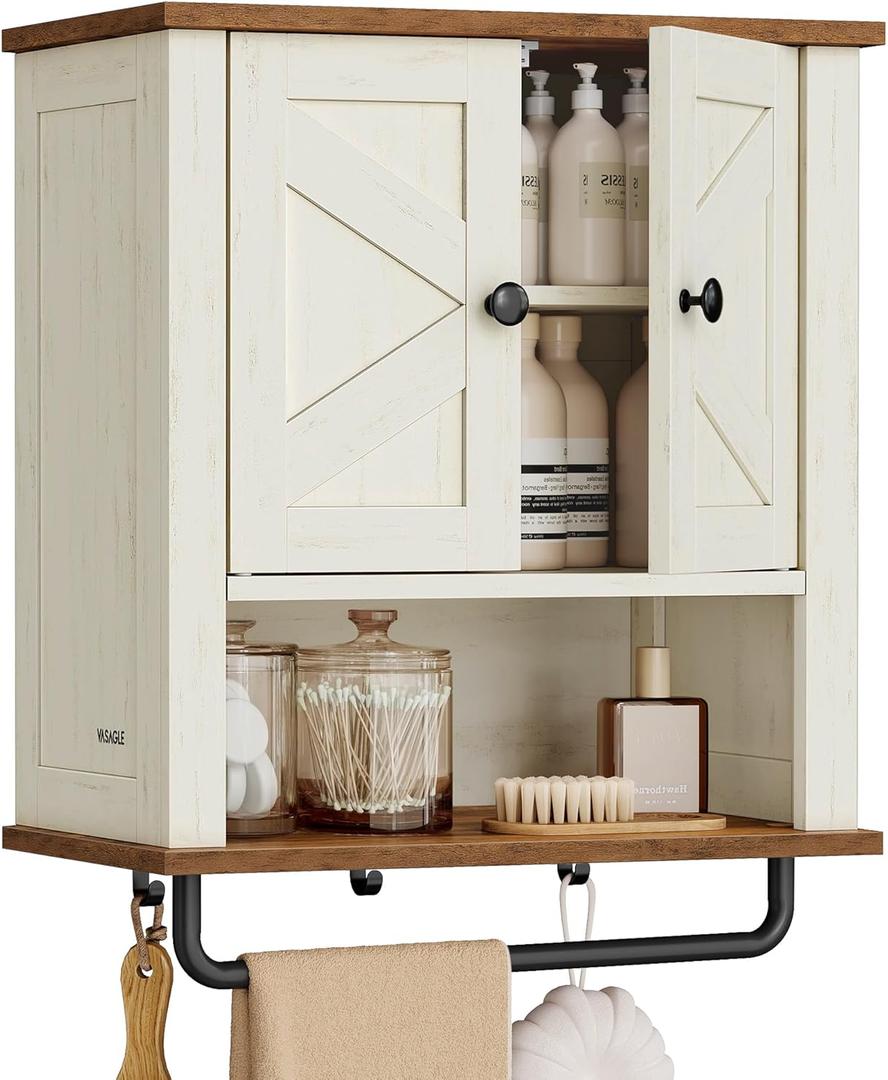 VASAGLE LIRY Collection - Bathroom Wall Cabinet, Farmhouse Wall-Mounted Medicine Storage Cabinet with 2 Barn Doors, Adjustable Shelf, Towel Bar, 7.9 x 18.1 x 24 Inches, Rustic White UBBK132W01S