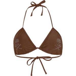 WDIRARA Women's Goth Skull Triangle Halter Bikini Top Rhinestone Tie Back Swimsuit Tops Swimwear (Brown, L)