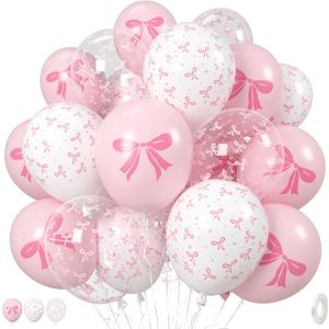 Pink Bow Balloons, 35PCS Light Pastel Pink Clear White Bow Latex Balloon for Girls Women Wedding Bridal Baby Shower Bachelorette Engagement Princess Coquette Birthday Theme Party Decorations Supplies