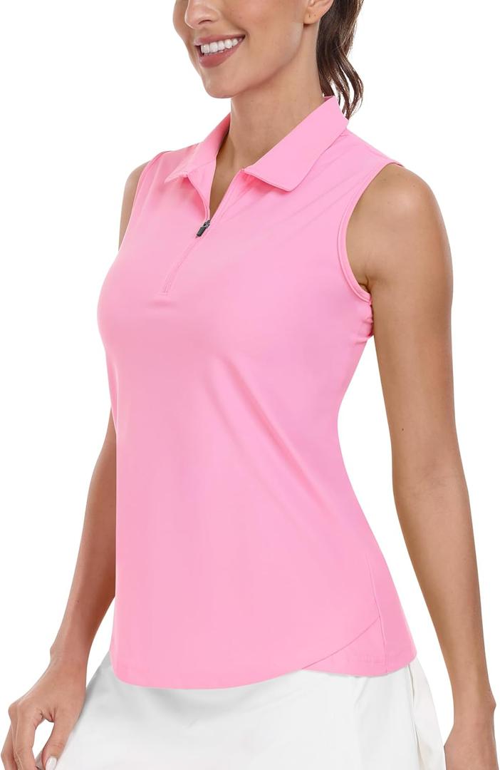 AIRIKE Female Golf Shirts Tank Tops Sleeveless Tennis Polo Zip Up with Collar Athletic Tanks Quick Dry Pink M