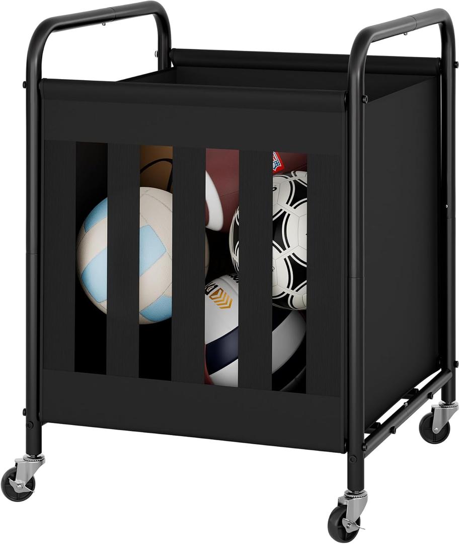 StorageWorks Ball Storage with Wheels, Ball Cart for Garage, Garage Sports Equipment Organizer with Hooks, Balls Organizer for Basketball, Football, Volleyball