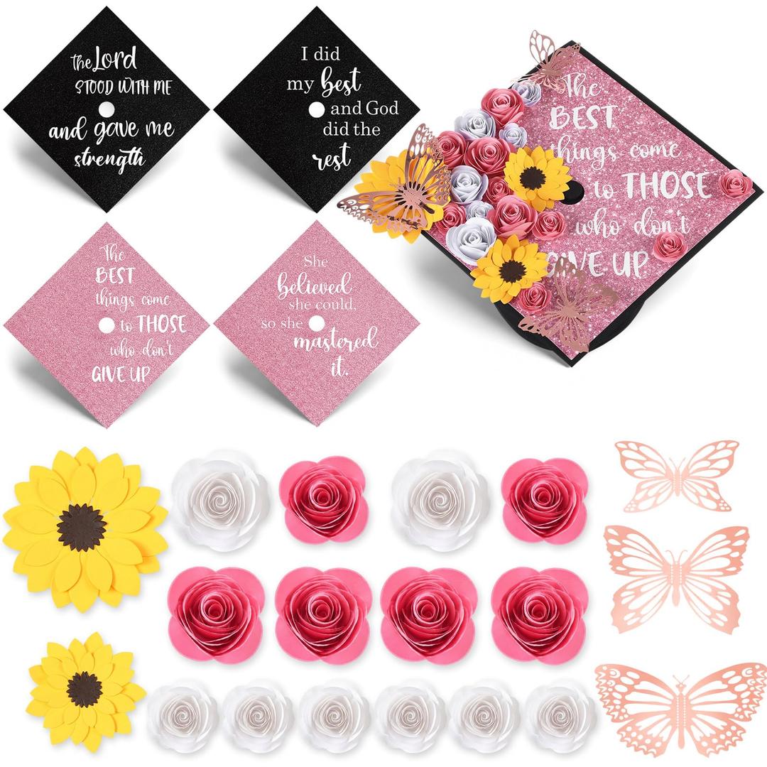 Gersoniel 34 Pcs DIY Graduation Cap Decorations Kit Included Artificial Flowers Inspirational Cardstock 3D Butterfly Alphabet Letter Stickers for 2026 Grad Party DIY Hat Grad Cap Topper(Pink)