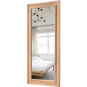 Rattan Full Length Mirror, 20"x55" Decorative Long Rattan Floor Mirror, Rectangle Wooden Full Body Mirror with Wicker Frame Hanging for Bathroom Living Dressing Room (Nature)