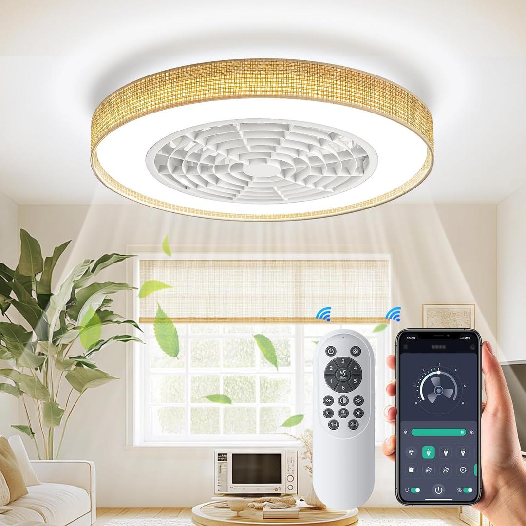 Boho Enclosed Ceiling Fan with Lights - 20 inch Low Profile Rattan Flush Mount Led Ceiling Fan with Light Dimmable Reversible Smart Ceiling Fan with Remote APP Control for Bedroom Living Room Kitchen
