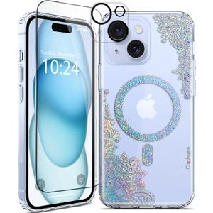 Coolwee Clear Glitter for iPhone 15 Plus Case Magnetic, Compatible with MagSafe, Thin Flower Slim Cute Crystal Lace Bling Women Floral Hard Back Soft TPU Bumper Protective Cover Mandala Henna
