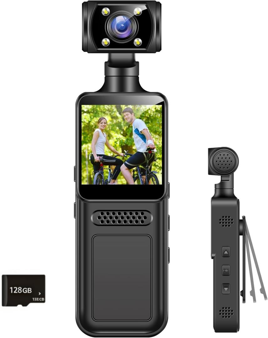 Body Camera with Audio and Video Recording Mini Wearable Body Worn Cam Portable Small Personal Camcorder Sport Action Outdoor Video Recorder (128GB)