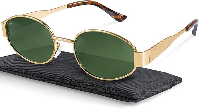 livho 2025 Trendy Oval Sunglasses - Stylish Polarized Shades for Everyday - Retro Metal Frames Green/Gold