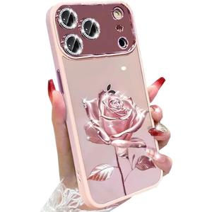 for iPhone 17 Pro Max Fairy Rose Clear Case, Cute Flower Floral with Glitter Bling Sparkly Camera Lens Protector TPU Bumper Shockproof Women Girls Phone Case for iPhone 17 Pro Max 6.9", Pink