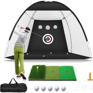 Golf Net, 10x7ft Practice Net with Tri-Turf Mat, All-in-1 Home Golf Hitting Aid for Backyard Driving Chipping Swing Training, Black (10*7ft)
