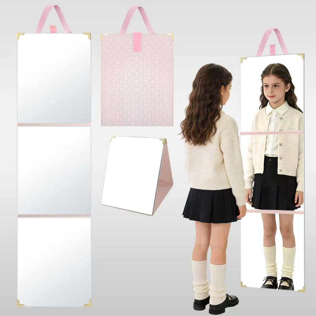 49 x 12 Inches Foldable Portable Full Length Mirror for Travel, Shatterproof Trifold Hanging Folding Mirror for Camping, Dance Bag with Garment Rack, Makeup Full Body Over the Door, Large, RV, Pink