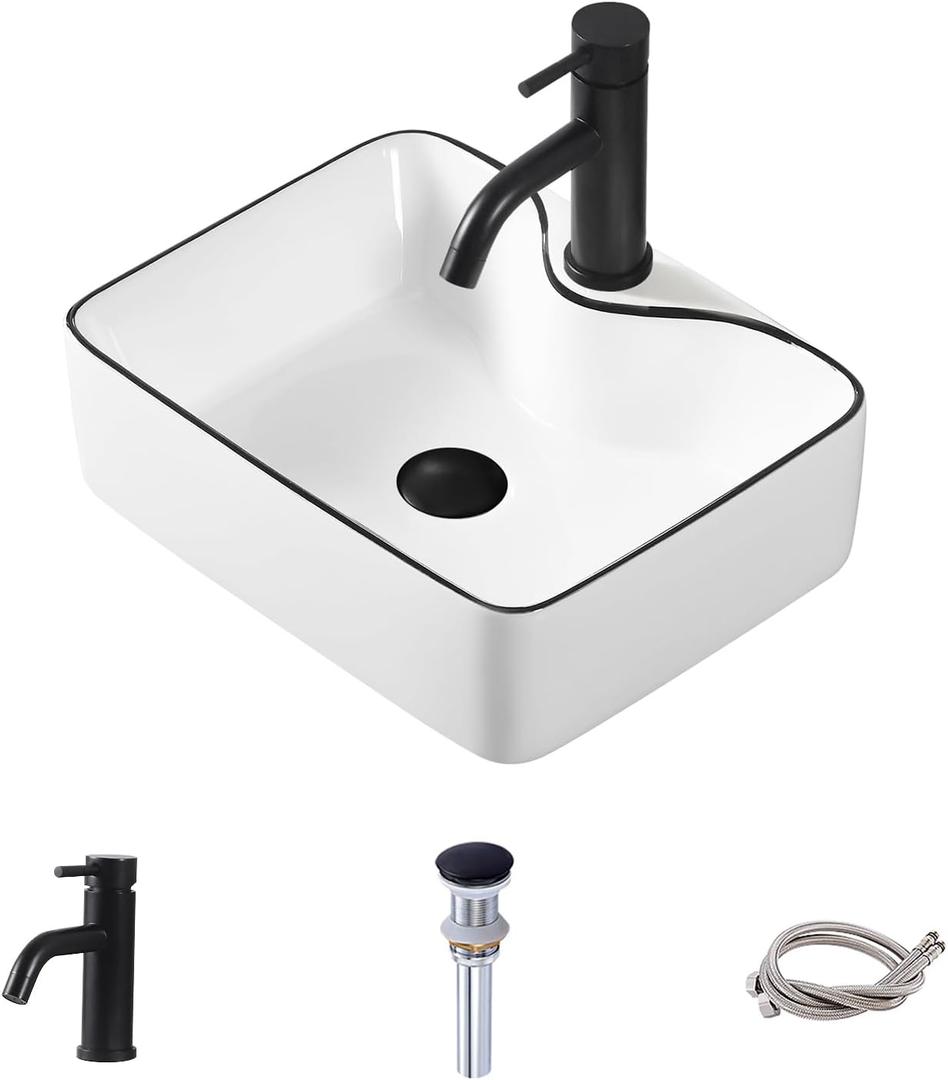 Small Bathroom Sink Rectangle, 16"x12" Ceramic Bathroom Vessel Sink with Tap and Drain Combo Modern White Small Vessel Sink Art Basin with Black Trim