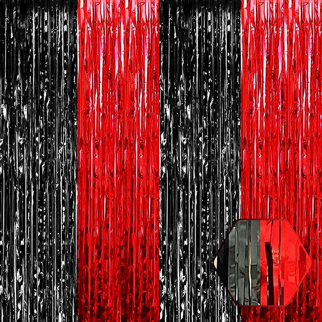 6 Pack Black Red Foil Fringe Curtain Backdrop, 3.28Ft x 8.2Ft Metallic Tinsel Foil Fringe Streamer Curtains for Photo Booth, Christmas Day, Thanksgiving, Wedding, New Year Party Decorations